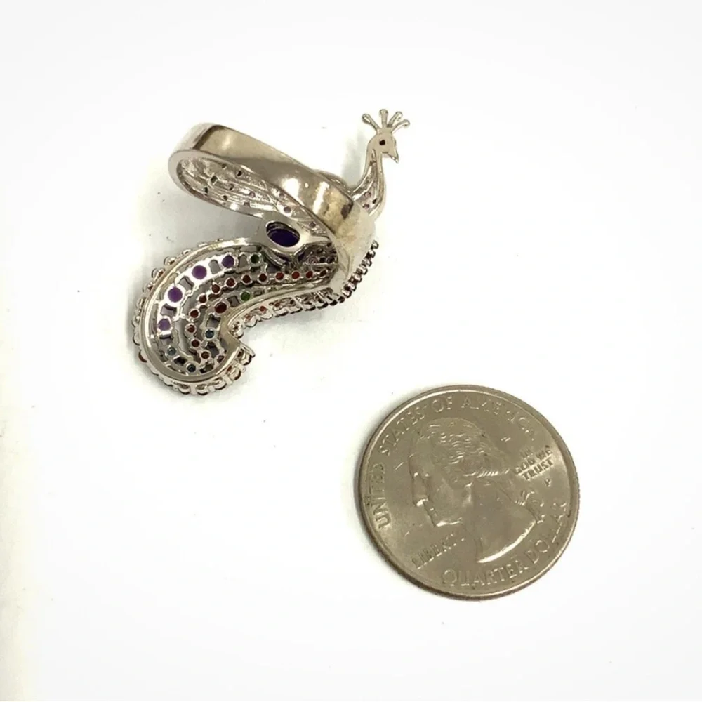 Sterling Silver Peacock Statement Ring Amethyst & Multi Gemstones in Sz 7 💚🦚🩵💍💜